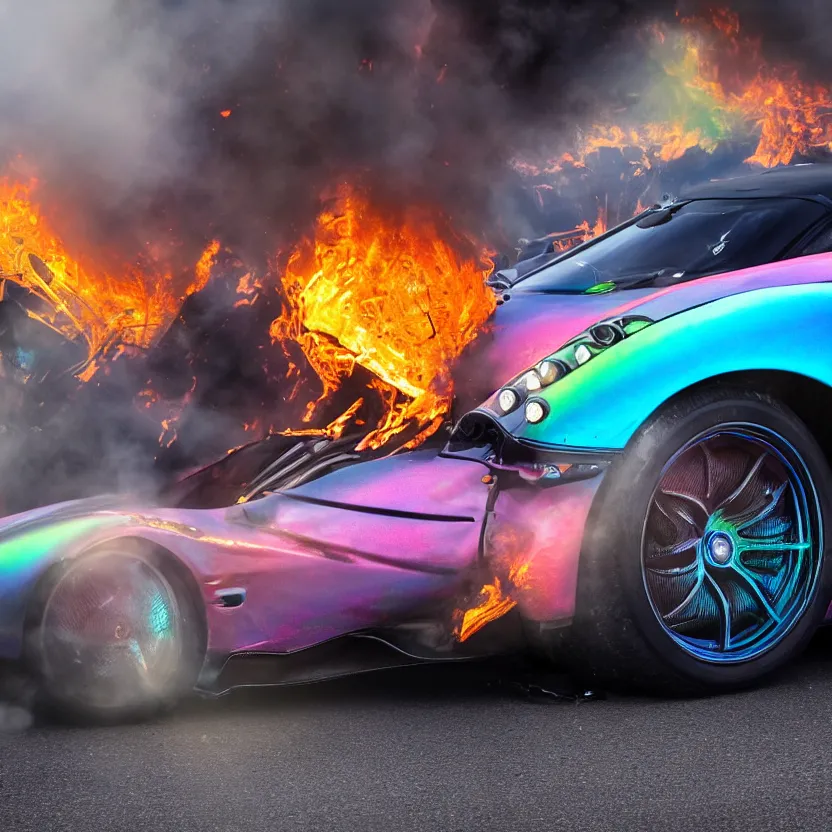 Prompt: close - up of an iridescent rainbow pagani huayra on fire after a big crash, 4 k, highly detailed, award winning, look at all that detail!