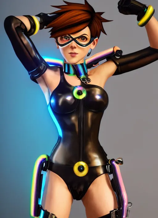 Image similar to full body digital artwork of tracer overwatch, wearing black iridescent rainbow latex bikini, 4 k, expressive happy smug expression, makeup, in style of mark arian, wearing detailed black leather collar, wearing chains, black leather harness, leather cuffs around wrists, detailed face and eyes,
