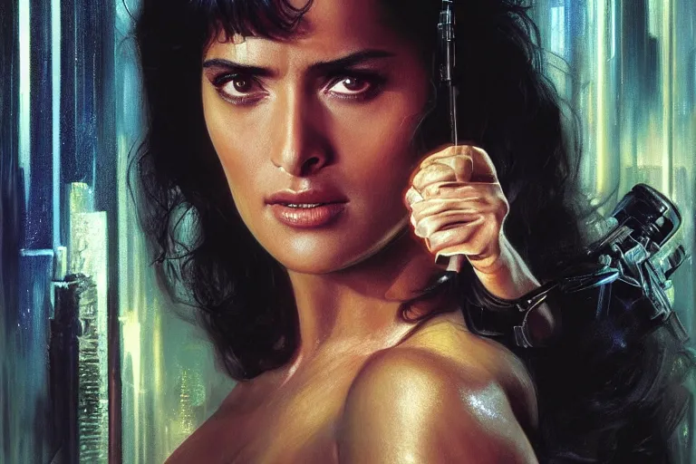 Image similar to young Salma Hayek as a replicant from blade runner, detailed, centered, digital painting, artstation, concept art, donato giancola, Joseph Christian Leyendecker, WLOP, Boris Vallejo, Breathtaking, 8k resolution, extremely detailed, beautiful, establishing shot, artistic, hyperrealistic, beautiful face, octane render