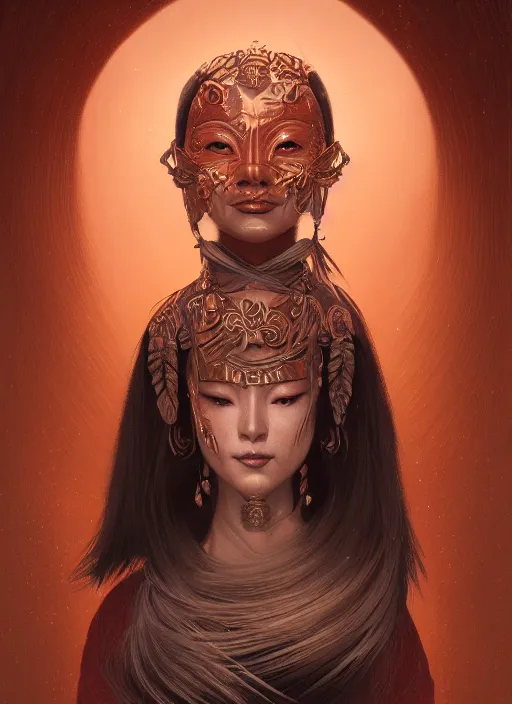 Image similar to a beautiful detailed oil on copper art illustration of a japanese namanari mask woman, centered, by charlie bowater, zeng fanzh, trending on artstation, dim dusk lighting, cinematic lighting, detailed lighting, volumetric lighting, realistic, f 8, 4 k hd wallpaper