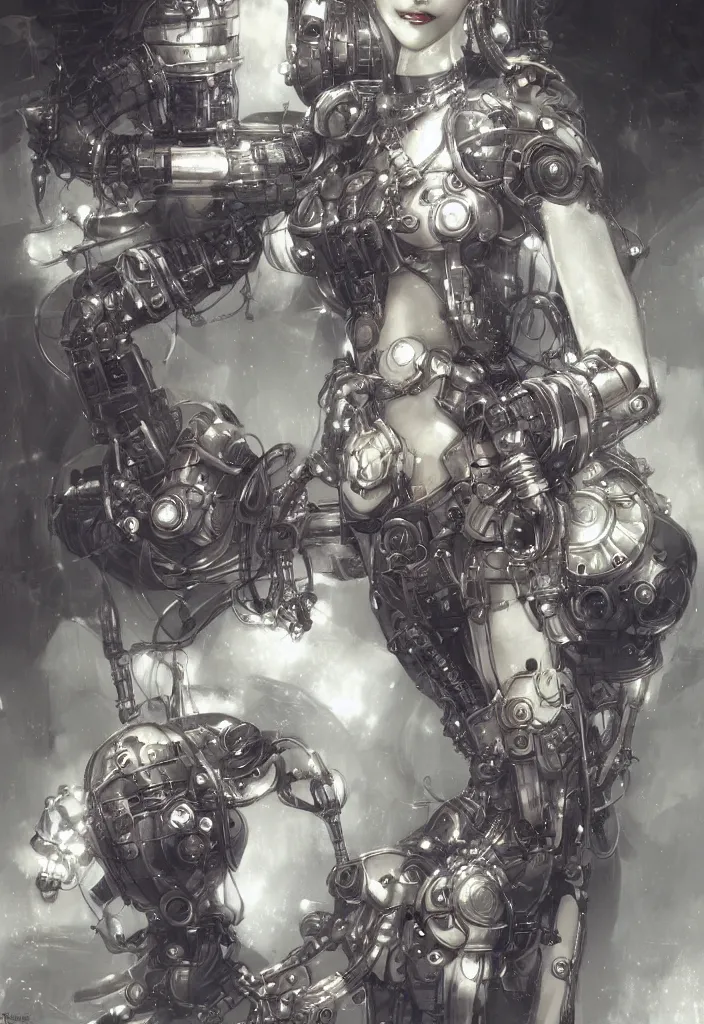 Image similar to dieselpunk robotic mistress, extremely detailed, hyperrealistic, intricate, soft light, fantasy, d & d, digital painting, art station, by yoshitaka amano