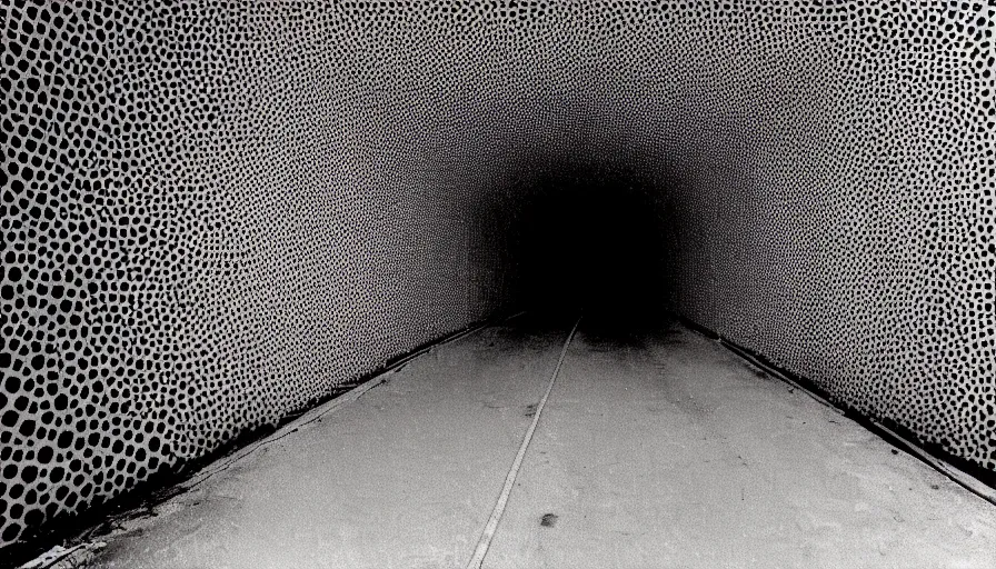 Image similar to 60s movie still of an empty tunnel with trypophobia, cinestill 800t 50mm eastmancolor, liminal Space style, heavy grain