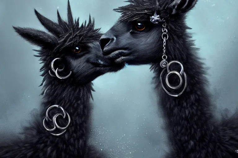 Image similar to highly detailed animal portrait of a goth alpaca with piercings, black eyeshadow, piercings!, earrings!, digital art made by makoto shinkai, lois van baarle, greg rutkowski and jakub rebelka, highly detailed, symmetrical, extremely coherent, smooth, shaped focus, dystopian gray forest background, skull