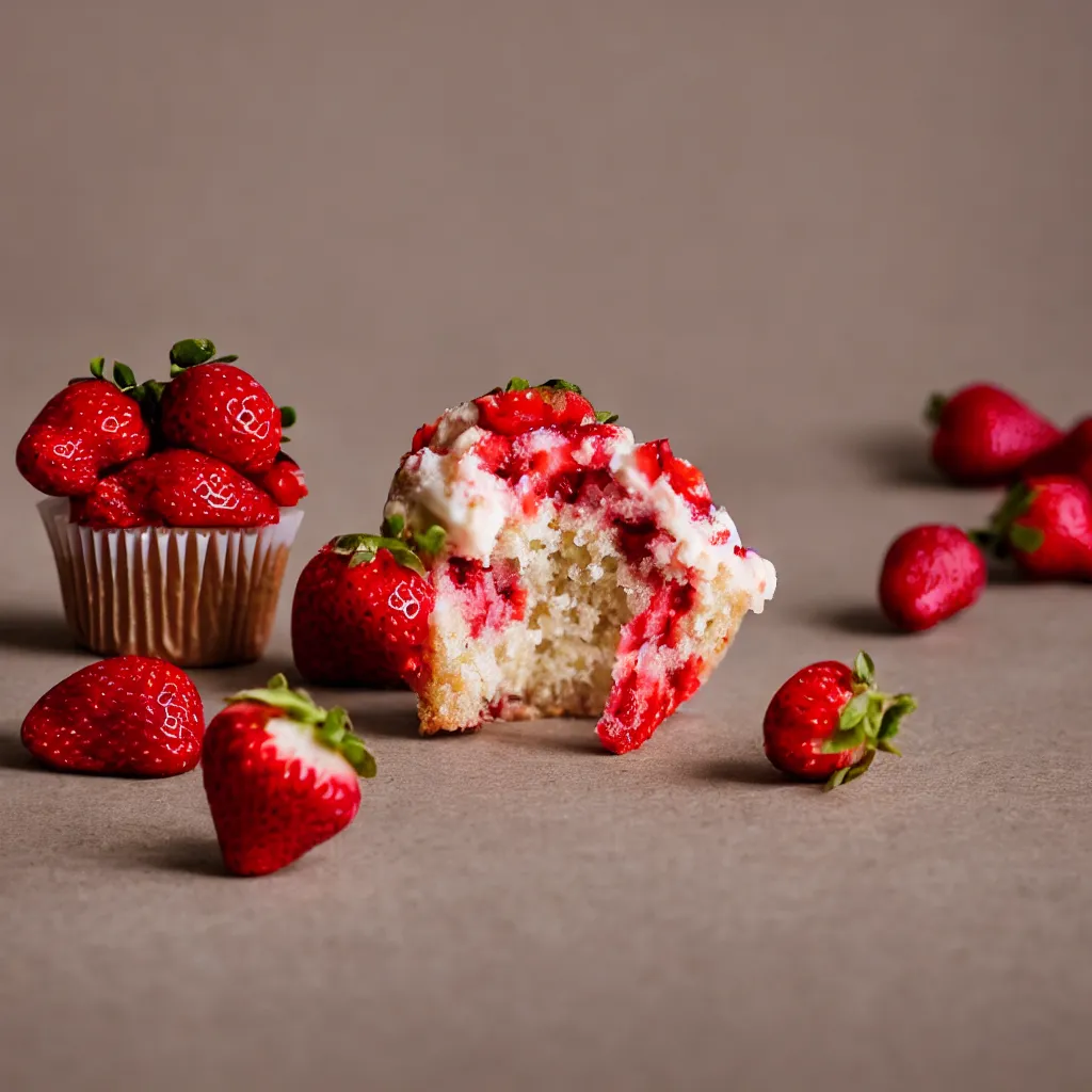 Image similar to strawberry cupcake, dynamic lighting, bokeh, carl zeiss 8 5 mm vintage lens, hyper realistic, award winning food photography