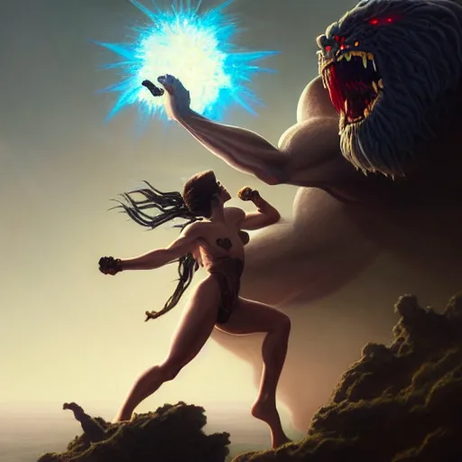 Image similar to highly detailed painting of stoya fighting a looming demigod, dramatic, sense of scale, stephen bliss, unreal engine, greg rutkowski, ilya kuvshinov, ross draws, hyung tae and frank frazetta, tom bagshaw, tom whalen, nicoletta ceccoli, mark ryden, earl norem, global illumination, god rays, windswept