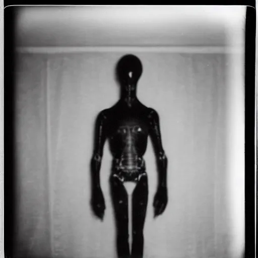 Prompt: polaroid photograph of an alien standing at the end of a bed in a dark room, 1 9 5 0 s