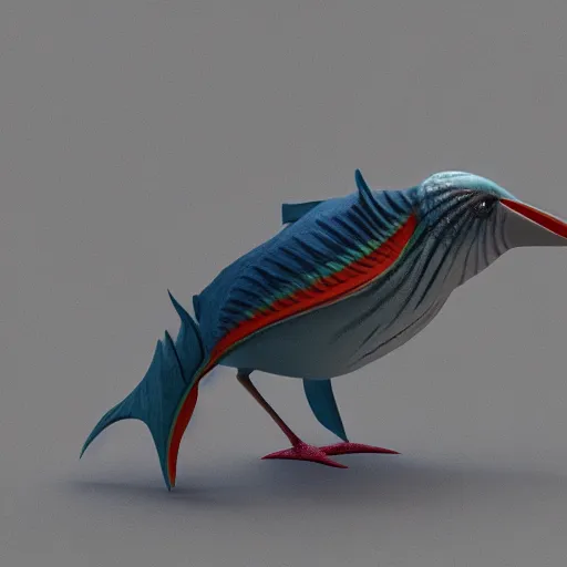 Prompt: a 3 d render of a fish bird hybrid with fins and a beak and bird legs, octane render, hyper realism, 8 k