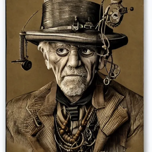 Prompt: Old wrinkled man staring seriously in steampunk outfit, attached to wires. Dark, intricate, highly detailed, smooth, in style of Stanislav Vovchuk