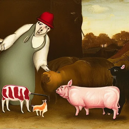 Image similar to butcher giving food to a cat, while being watched by a pig, a sheep, a chicken and a cow