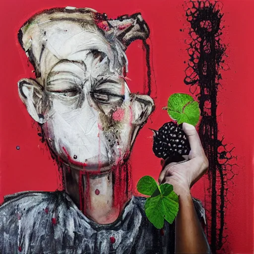 Prompt: “ a portrait in an art student ’ s apartment, a berry and a big diamond, skyscraper, pork, pigs, weeds, white wax, squashed berries, acrylic and spray paint and oilstick on canvas, surrealism, neoexpressionism ”