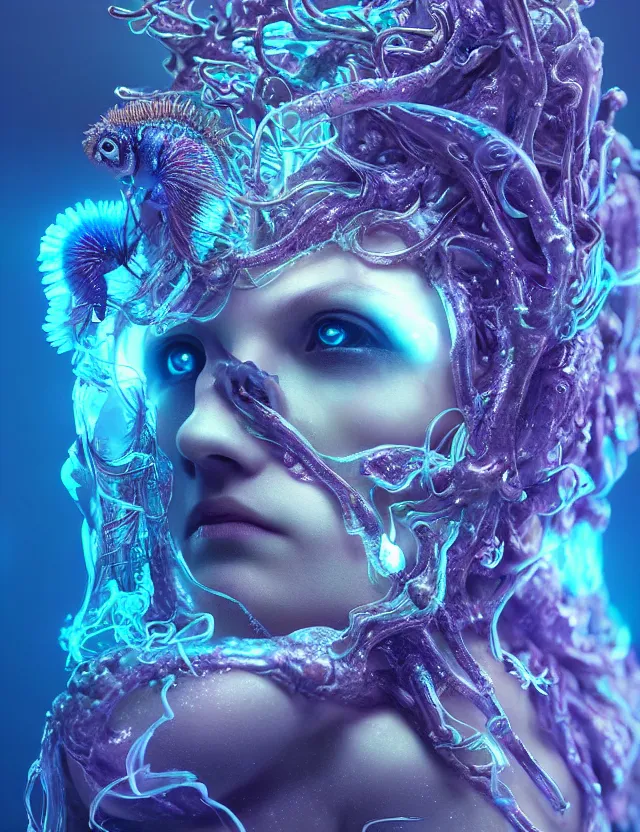 Image similar to goddess macro close - up portrait wigh crown made of ram skull. betta fish, jellyfish phoenix, bioluminiscent, plasma, ice, water, wind, creature, super intricate ornaments artwork by tooth wu and wlop and beeple and greg rutkowski