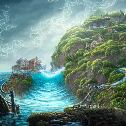 Image similar to a highly detailed link drawing of cuthulu emerging from a whirl pool in the ocean with a village in the background, 4 k, hd, high resolution, intricate detail