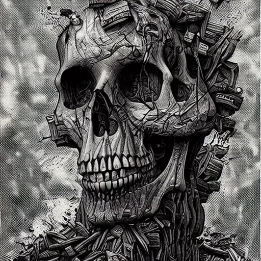 Image similar to vertical pile of melting skull disgorging black tar, android jones