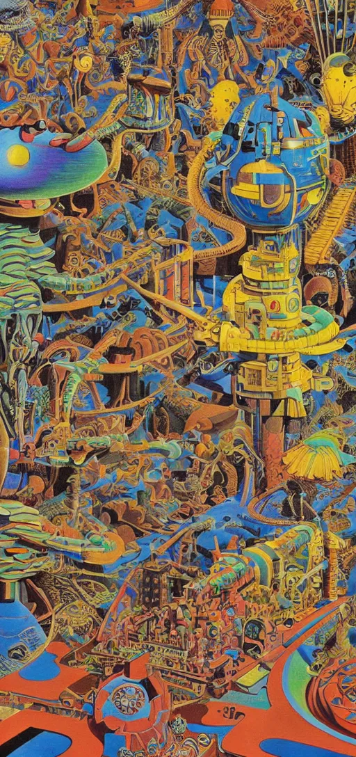 Prompt: aztec martian dissolving into cybernetic transhumanistic bio mechanical game console god, basil wolverton, high detail, studio ghibli, mc escher, picasso, dali, muted but vibrant colors, cubism, gold speckles, rainbow tubing, particle explosion, epic mural, amanita muscaria