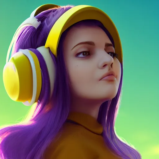 Prompt: girl in yellow headphones with purple hair, concept art, character, artstation, render 3D