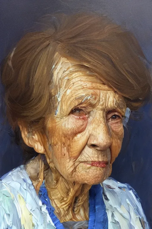 Image similar to palette knife oil painting portrait of rosina leckermaul, an elderly woman who is in a deep state of depression, extreme detail, artstation trending, grandma, blue, artgerm, any racial background, deviant art, octane, substance, art history 8 k