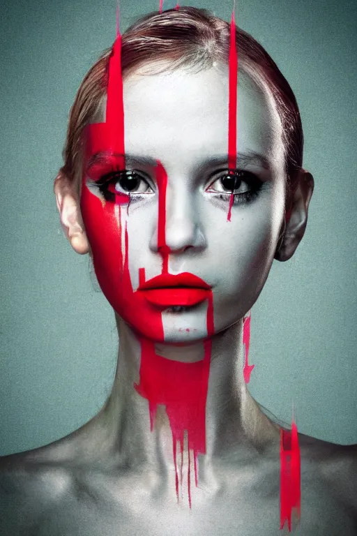 Image similar to glitched mix of endless female faces and red paint in style of neo-dada