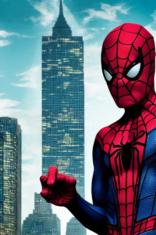 Image similar to a promotional poster of Spider-man standing in front of his villains