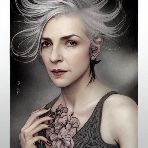 Image similar to portrait of a middle aged artsy woman, short grey hair, tattoo, avangarde, unique, artistic soul, nature, plants, wool, upper body, long hair, intricate, elegant, highly detailed, digital painting, artstation, concept art, matte, sharp focus, illustration, art by artgerm and greg rutkowski and alphonse mucha