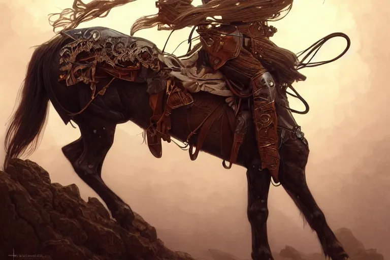 Image similar to rhodium cowboy, famine horseman, fantasy, intricate, elegant, highly detailed, digital painting, artstation, concept art, matte, sharp focus, illustration, art by artgerm and greg rutkowski and alphonse mucha