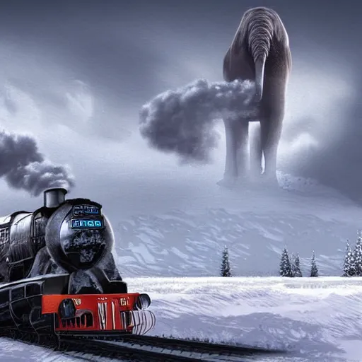 Image similar to an imposing futuristic black steam train and a giant mammoth, post - apocalyptic ice landscape with heavy snow, digital art