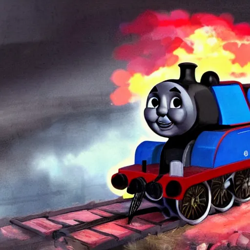 Prompt: concept art of thomas the tank engine committing war crimes, 4 k, trending on artstation, concept art, painterly brush strokes