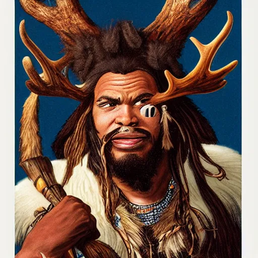 Prompt: hairy barbarian with moose head by mw kaluta and kehinde wiley