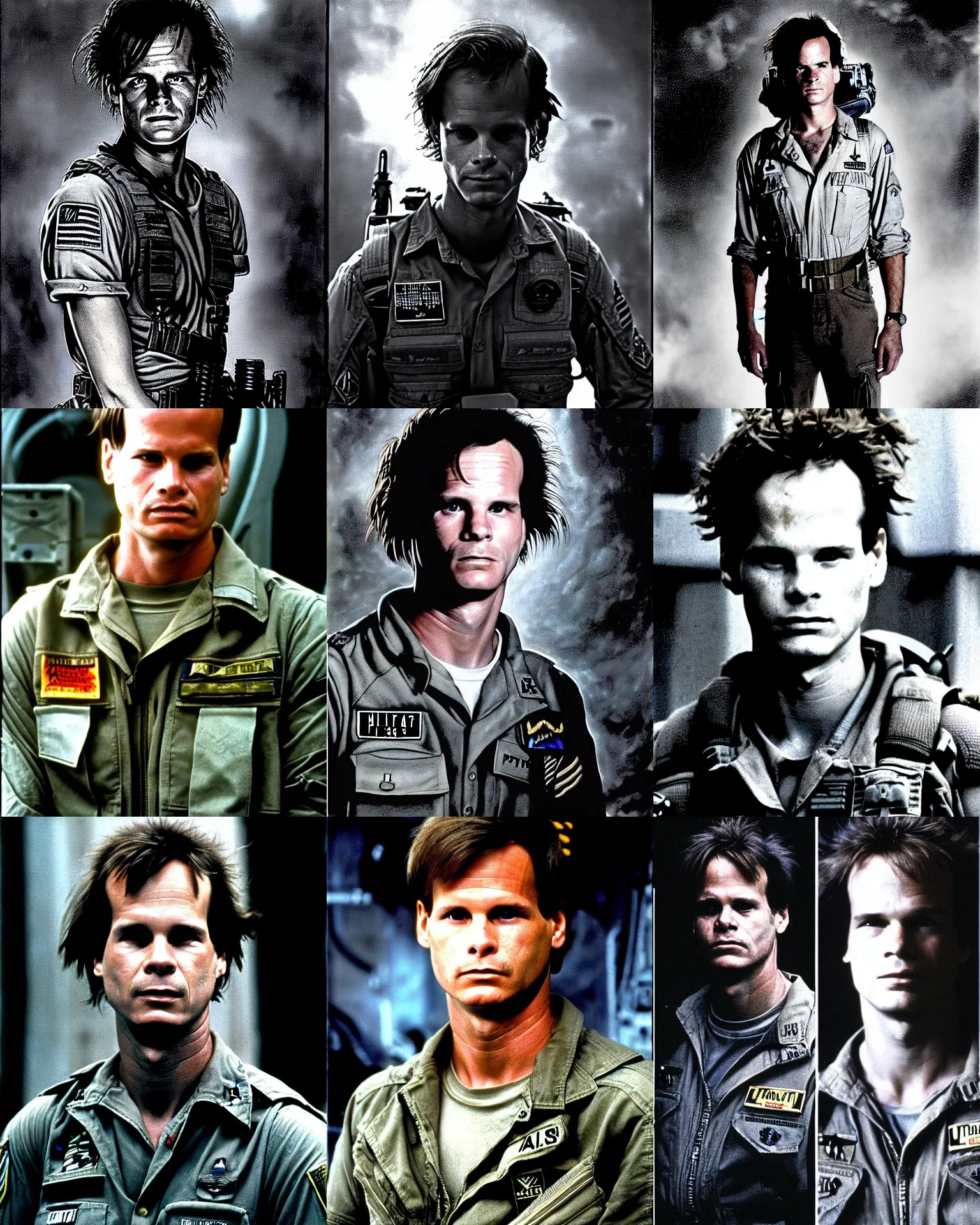 Prompt: private first class william l. hudson ( bill paxton 2 5 years old ) in the film aliens 1 9 8 6, his head is not long, atmosphere processor, fires, flat top haircut,, michael whelan and gustave dore