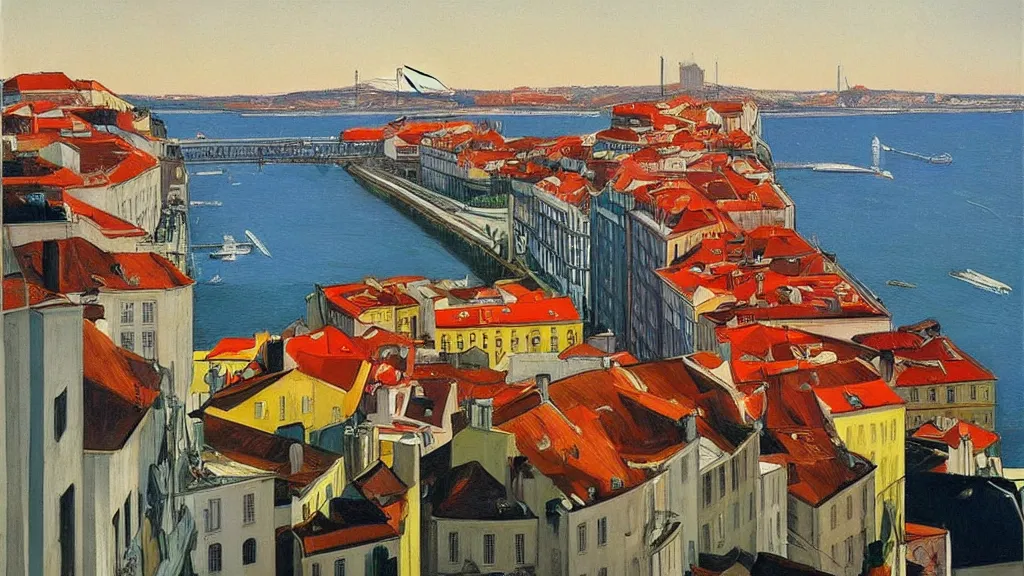 Prompt: Street art. paralyzed by the indescribable beauty of the cosmos. amazing view of city of Lisbon from the other side of the river. art style by Edward Hopper daring, incredible