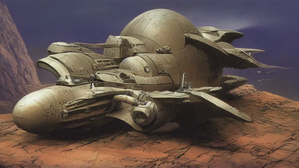 Image similar to small organic dropship lander by john schoenherr and jim burns, epic cinematic matte painting