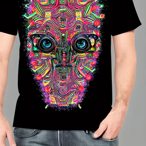 Image similar to black tshirt with a hyperdetailed portrait of a futuristic trippy cute robot head, 8 k, symetrical, flourescent colors, halluzinogenic, multicolored tshirt art,