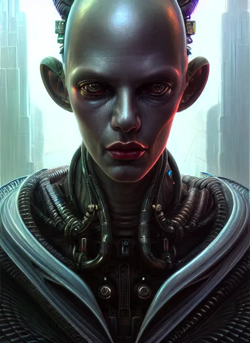 Image similar to closeup portrait shot of a cyberpunk alien in a scenic dystopian environment, intricate, elegant, highly detailed, centered, digital painting, artstation, concept art, smooth, sharp focus, illustration, artgerm, tomasz alen kopera, peter mohrbacher, donato giancola, joseph christian leyendecker, wlop, boris vallejo