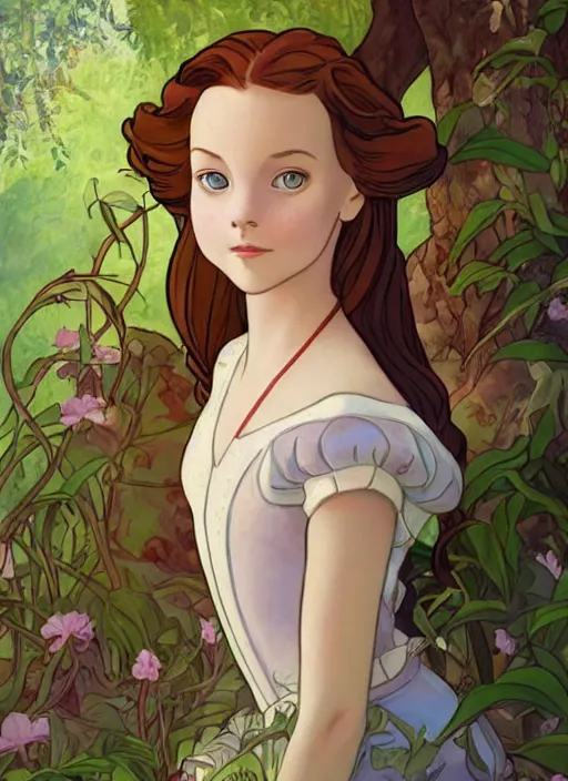 Image similar to well - lit art nouveau face portrait of a 1 3 - year old ballet girl in the garden, natural lighting, path traced, highly detailed, high quality, cartoon, digital painting, by don bluth and ross tran and studio ghibli