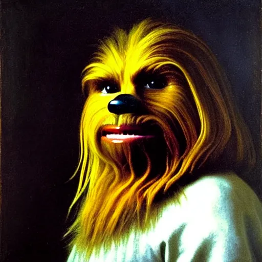 Prompt: portrait of chewbacca by vermeer, dutch baroque, beautiful natural light, oil on canvas