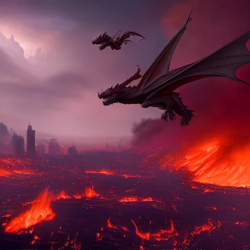 Prompt: dragon flying over a city, fire, lava, smoke, ethereal, matte painting, highly detailed, by eddie mendoza 8 k resolution