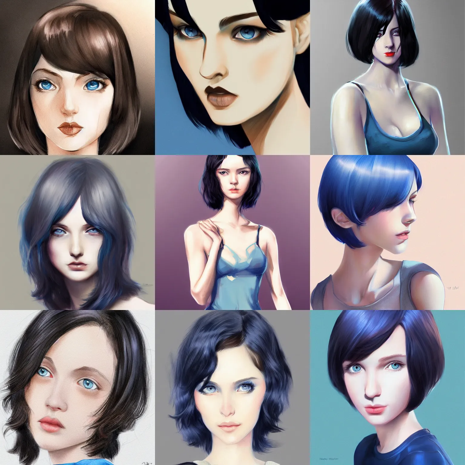Prompt: young pale girl with blue eyes and curly black hair in a bob haircut, concept art, detailed illustration, half - body, artstation