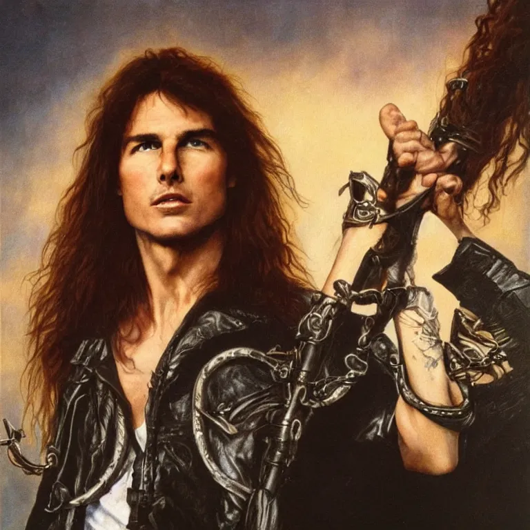 Image similar to Pre-Raphaelite portrait of Tom Cruise as the leader of a cult 1980s heavy metal band, with very long blond hair and grey eyes