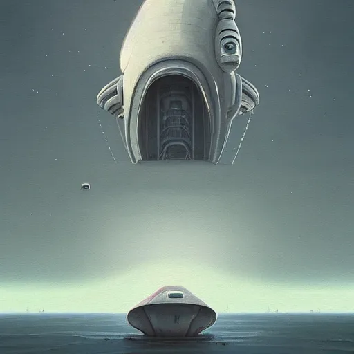 Image similar to beautiful painting of a white whale spaceship in the style of Simon Stålenhag and H. R. Giger, detailed, trending on Artstation