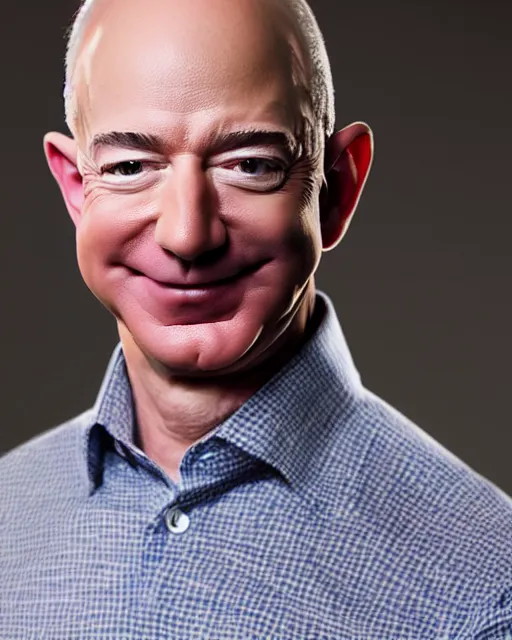 Prompt: A studio portrait of Jeff Bezos looking happy, highly detailed, 80mm, f/1.4