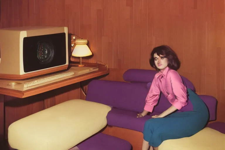 Prompt: first-person closeup view of young woman wearing discowear sitting inside of a 1970s luxury a-frame cabin with a soviet computer console on the wall and ambient lighting, large windows, an exterior of an purple evening ocean beach, ektachrome photograph, f8 aperture