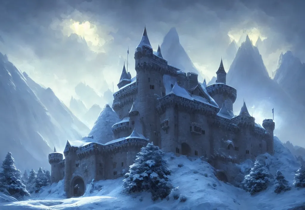 Image similar to large castle in between two mountains, covered in snow, epic blue sky, cinematic view, concept art, high detail, well lit, volumetric, godrays, vivid, trending on artstation, by jordan grimmer, art greg rutkowski