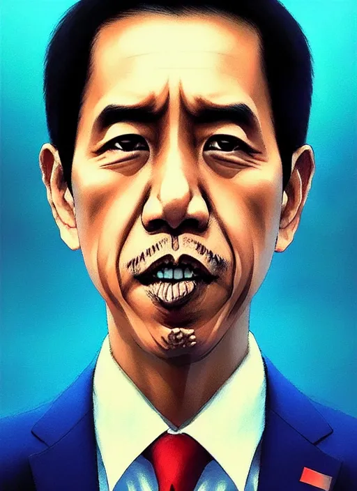 Prompt: a portrait of jokowi, fine - face, realistic shaded perfect face, fine details. blue - ish cosmic setting. very anime style. realistic shaded lighting poster by ilya kuvshinov katsuhiro, raden saleh, basuki abdullah, jeremy lipkin and michael garmash, rob rey and kentaro miura style, trending on art station