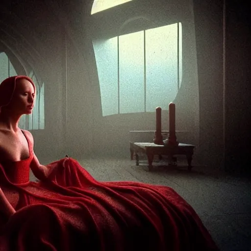 Prompt: colour aesthetic highly detailed photography scene, characters with very highly detailed faces. from dune ( 2 0 2 1 ) by alejandro hodorovski and denis villeneuve and gregory crewdson style with many details by andrei tarkovsky and caravaggio in sci - fi style. volumetric natural light hyperrealism photo on red dsmc 3 system