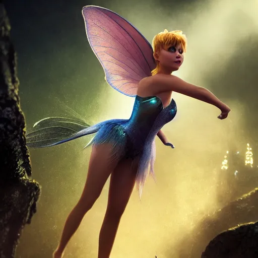 Image similar to full body pose, hyperrealistic photograph of tinkerbell, dim volumetric lighting, 8 k, octane beautifully detailed render, extremely hyper detailed, intricate, epic composition, cinematic lighting, masterpiece, trending on artstation, very very detailed, stunning, hdr, smooth, sharp focus, high resolution, award, winning photo, dslr, 5 0 mm