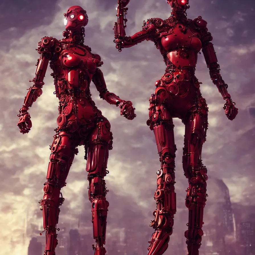 Prompt: portrait, super hero pose, woman red biomechanical dress, inflateble shapes, wearing epic bionic cyborg implants, masterpiece, intricate, biopunk futuristic wardrobe, highly detailed, art by akira, mike mignola, artstation, concept art, background galaxy, cyberpunk, octane render