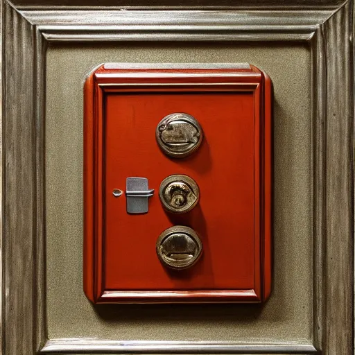 Prompt: A still life of a safe on the wooden ground, wood panels, metalic, (((rusty))), ((Edwin Foley))