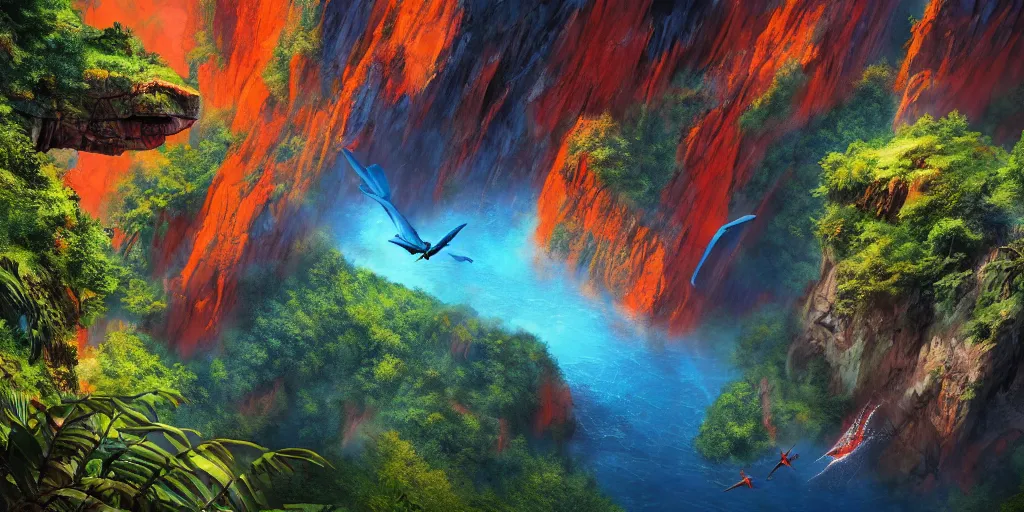 Image similar to wide angle view of swooping (orange red cerulean indigo) pterodactyl, over a deep canyon, mountainous jungle setting, trees, waterfall, river, rocks, dramatic lighting, highly detailed, artstation, unreal engine, matte painting in the style of craig mullins, Uncharted 4, fish eye lens, 8k HDR