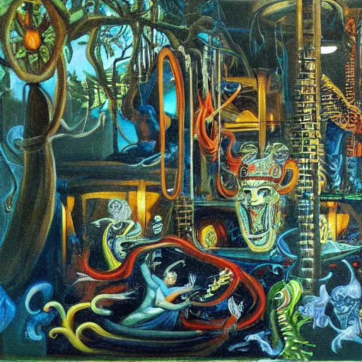 Image similar to high quality, high detail painting, dutch masterpiece, fluxus, blu, film noir, william s burroughs, scene in las pozas with quetzalcoatl at night, hd, muted lighting