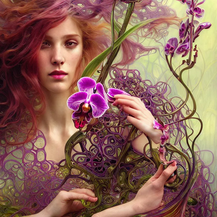 Image similar to psychedelic organic cyborg orchid in heavy wind and rain, diffuse lighting, fantasy, intricate, elegant, highly detailed, lifelike, photorealistic, digital painting, artstation, illustration, concept art, smooth, sharp focus, art by John Collier and Albert Aublet and Krenz Cushart and Artem Demura and Alphonse Mucha