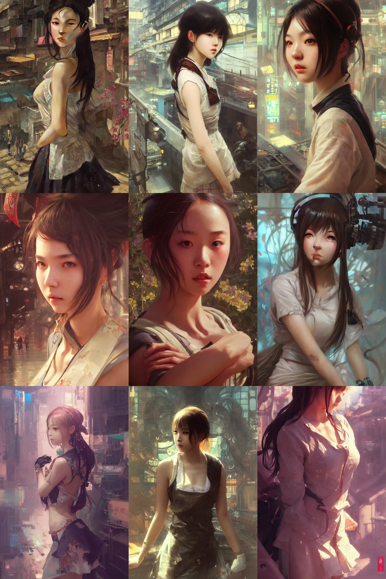 Prompt: ultra realistic beautiful kowloon techno art, beautiful alluring anime schoolgirl, gorgeous face and figure, sci - fi, intricate, elegant, highly detailed, digital painting, artstation, concept art, smooth, sharp focus, illustration, art by tian zi and yuxiang chen and alphonse mucha and greg rutkowski and wlop